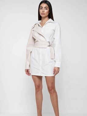 Maniere De Voir White Shirt Dress with Cream Belted Overlay Worn Once